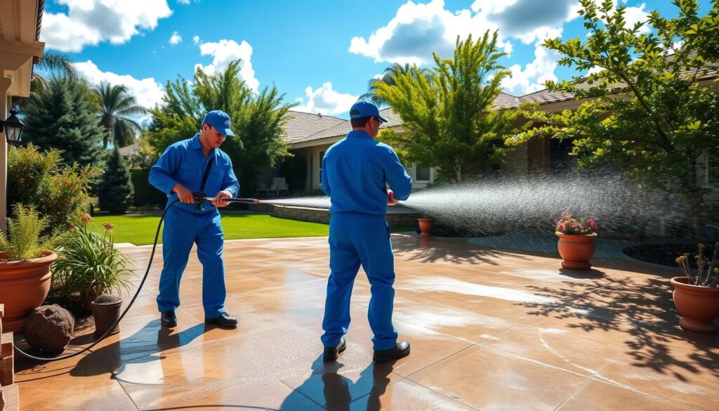 A vibrant scene showcasing the "Pure Sync Cleaning Services" team in action, focused on pressure washing a residential patio and driveway. In the foreground, two professionals in matching blue uniforms and protective gear operate an industrial pressure washer, spraying away dirt and grime, with water jets shimmering in the sunlight. In the middle ground, the freshly cleaned patio shines, adorned with potted plants, while the driveway glistens with a wet sheen, illustrating the effectiveness of the cleaning service. The background features a well-maintained suburban home with lush greenery, bright blue sky, and fluffy white clouds, creating an uplifting atmosphere. The lighting is bright and sunny, emphasizing the cleanliness and revitalization of the outdoor space. The angle captures both depth and activity, showcasing "The Pure Sync Cleaning Services Difference" effectively. A vibrant scene showcasing the "Pure Sync Cleaning Services" team in action, focused on pressure washing a residential patio and driveway. In the foreground, two professionals in matching blue uniforms and protective gear operate an industrial pressure washer, spraying away dirt and grime, with water jets shimmering in the sunlight. In the middle ground, the freshly cleaned patio shines, adorned with potted plants, while the driveway glistens with a wet sheen, illustrating the effectiveness of the cleaning service. The background features a well-maintained suburban home with lush greenery, bright blue sky, and fluffy white clouds, creating an uplifting atmosphere. The lighting is bright and sunny, emphasizing the cleanliness and revitalization of the outdoor space. The angle captures both depth and activity, showcasing "The Pure Sync Cleaning Services Difference" effectively.