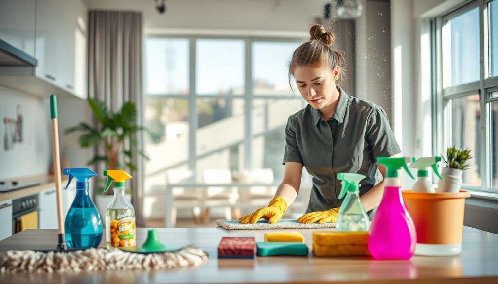 A vibrant, well-lit scene depicting a move-in cleaning in a modern apartment. In the foreground, a professional cleaner, wearing a neat uniform, is diligently scrubbing kitchen countertops with a focused expression. In the middle ground, various cleaning supplies like mops, sponges, and eco-friendly cleaners are neatly organized on a table, showcasing the tools of the trade. The background reveals a bright, airy living space with large windows allowing natural light to flood in, highlighting dust particles in the air, emphasizing the need for thorough cleaning. The mood is one of diligence and transformation, illustrating the contrast between a dusty, lived-in home and the fresh, sanitized environment being created. Capture this from a slightly elevated angle to enhance the sense of depth.