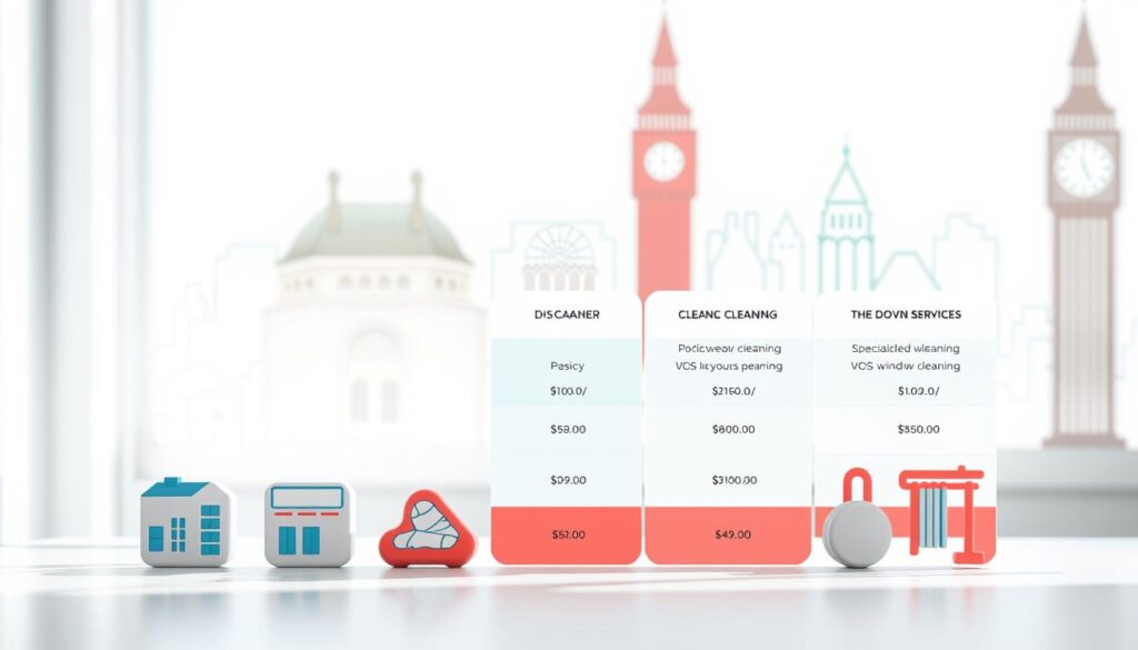 A visually engaging infographic depicting average pricing models for cleaning services in Croydon. In the foreground, showcase various cleaning service packages represented by neatly arranged icons: a basic cleaning service, deep cleaning, and specialized services, like carpet and window cleaning. In the middle ground, display a tiered pricing chart with clear distinctions in pricing, using bold colors to emphasize differences. The background should feature a subtle outline of Croydon's landmarks, like the Croydon clock tower, to provide context. Use bright, natural lighting to evoke a clean and welcoming atmosphere, with a slight vignette effect that focuses on the pricing information. The overall mood should be professional and informative, designed to convey clarity and trustworthiness in the services offered.