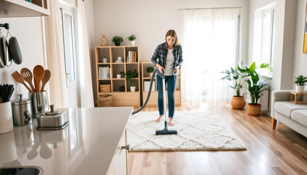 A well-lit, airy room ready for move-in cleaning, featuring a professional cleaner in modest casual clothing. The foreground shows a sparkling kitchen counter, with clean utensils and an open window letting in natural light. In the middle, a person is using a vacuum cleaner on a plush carpet, showcasing meticulous attention to detail. Behind them, shelves with neatly arranged books and houseplants confirm the welcoming atmosphere. Soft, warm light filters through sheer curtains, creating an inviting mood. The angle is slightly elevated, focusing on the interaction between the cleaner and the clean space, with a sense of freshness and order that emphasizes the benefits of professional move-in cleaning.