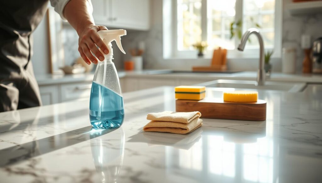 A well-lit kitchen with polished marble countertops as the focal point, showcasing a step-by-step cleaning process. In the foreground, a person in professional attire is using a soft cloth and a pH-balanced cleaner to gently wipe the surface. The middle ground features various cleaning tools neatly arranged on a marble countertop, including a spray bottle, sponge, and microfiber cloth. In the background, a bright and airy kitchen setting with sunlight streaming through a window enhances the cleanliness and warmth of the scene. The overall mood conveys a sense of care and professionalism, highlighting the importance of maintaining marble surfaces. The lighting is soft and natural, creating an inviting atmosphere.