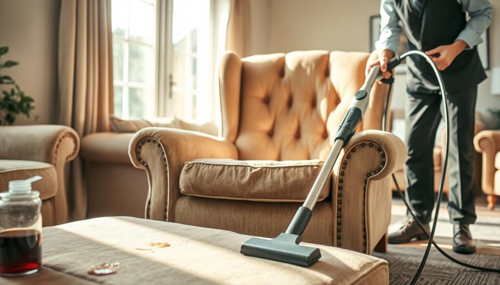 A well-worn, plush upholstered armchair is the centerpiece, showing clear signs of wear: faded fabric, visible stains, and dust accumulation in the creases. In the foreground, a professional cleaner, dressed in a smart uniform, uses a powerful cleaning machine, meticulously attending to the chair. The middle ground features a spilled beverage and a few pet hairs, reinforcing the need for upholstery care. Soft, diffused natural light streams through a nearby window, casting gentle shadows that highlight the textures of the fabric and the cleaner’s focused expression. In the background, a cozy living room setting with other furniture pieces suggests a home environment, amplifying the message of maintaining cleanliness and comfort in upholstery. The overall atmosphere is one of professionalism and attention to detail, inviting contemplation about upholstery maintenance. A well-worn, plush upholstered armchair is the centerpiece, showing clear signs of wear: faded fabric, visible stains, and dust accumulation in the creases. In the foreground, a professional cleaner, dressed in a smart uniform, uses a powerful cleaning machine, meticulously attending to the chair. The middle ground features a spilled beverage and a few pet hairs, reinforcing the need for upholstery care. Soft, diffused natural light streams through a nearby window, casting gentle shadows that highlight the textures of the fabric and the cleaner’s focused expression. In the background, a cozy living room setting with other furniture pieces suggests a home environment, amplifying the message of maintaining cleanliness and comfort in upholstery. The overall atmosphere is one of professionalism and attention to detail, inviting contemplation about upholstery maintenance.