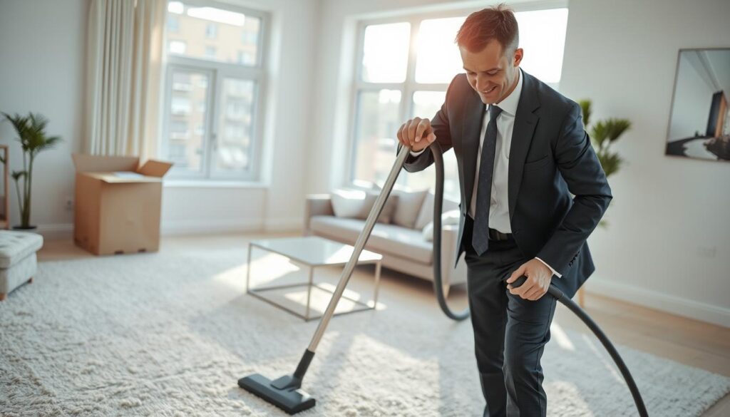 An estate agent in professional business attire is diligently cleaning a bright, modern apartment, showcasing the move-in process. In the foreground, the agent is holding a vacuum cleaner, with a focused expression as they clean the living room's plush carpet. In the middle ground, sunlight streams in through large windows, illuminating the freshly painted walls and stylish furnishings, creating an inviting atmosphere. In the background, a moving box is partially open, hinting at the preparations for new clients. The scene is well-lit, with a soft focus on the cleaning agent, capturing the sense of professionalism and care that goes into ensuring a pristine living space. The atmosphere is positive and industrious, emphasizing the importance of thorough cleaning in real estate. An estate agent in professional business attire is diligently cleaning a bright, modern apartment, showcasing the move-in process. In the foreground, the agent is holding a vacuum cleaner, with a focused expression as they clean the living room's plush carpet. In the middle ground, sunlight streams in through large windows, illuminating the freshly painted walls and stylish furnishings, creating an inviting atmosphere. In the background, a moving box is partially open, hinting at the preparations for new clients. The scene is well-lit, with a soft focus on the cleaning agent, capturing the sense of professionalism and care that goes into ensuring a pristine living space. The atmosphere is positive and industrious, emphasizing the importance of thorough cleaning in real estate.